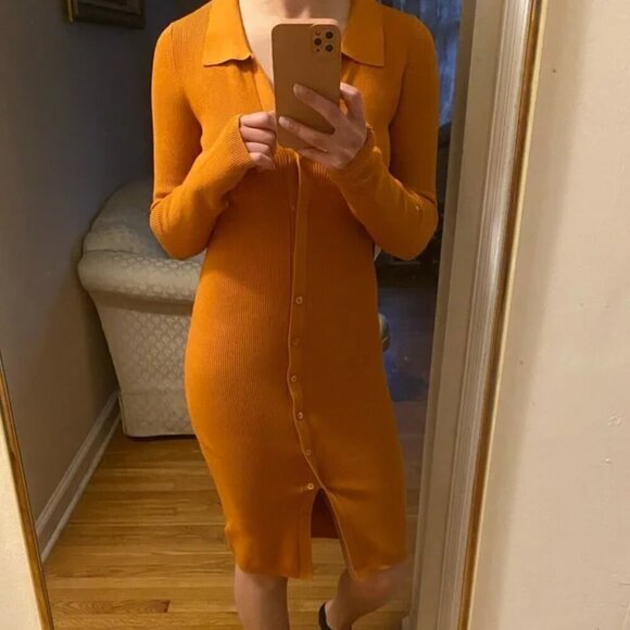 Aritzia Wilfred Cove Long Sleeve Knit Ribbed Dress Oriole Orange Size Large - Picture 4 of 7